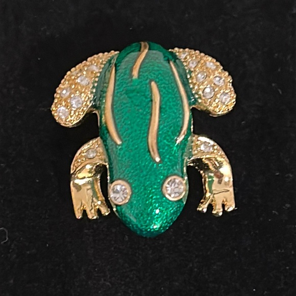 Roman Green Enamel Rhinestone Frog Brooch Pin, Signed - Picture 2 of 13